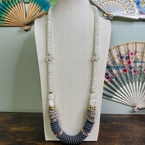 J. Jill Resin Disc Necklace White Gray Gold Graduated Bead Opera 36” Tribal Boho